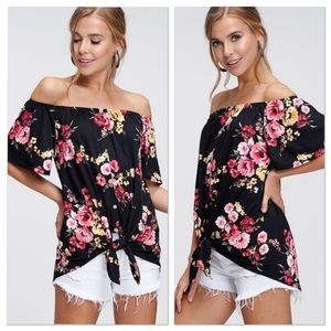 Black Floral Off Shoulder Button Up Top